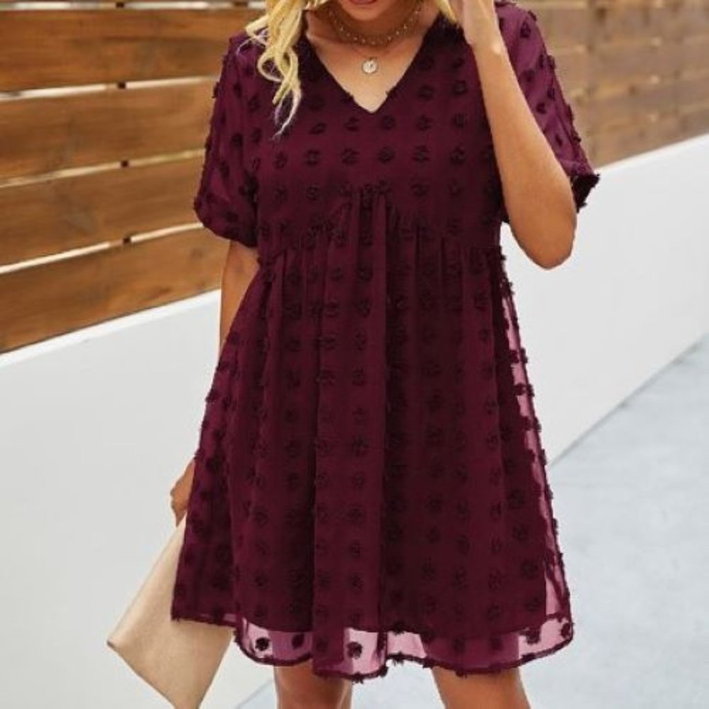 Wine Baby Doll Clip Dot Dress